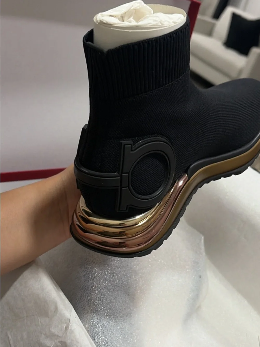 Salvatore Ferragamo Black Knit Sock Sneaker with Gold Accent